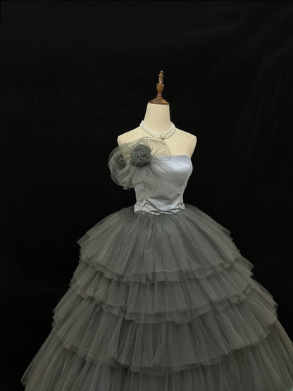 Princess Ball Gown Strapless Grey With Bow Quince Dress Voluminous Sweet 16 Sweet Sixteen Outfits Vestido de 15 RB7492
