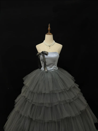 Princess Ball Gown Strapless Grey With Bow Quince Dress Voluminous Sweet 16 Sweet Sixteen Outfits Vestido de 15 RB7492
