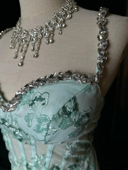 Modest Prom Dresses Mermaid Spaghetti Strap Mint Green With Beading Lace Long Party Dress Formal Outfits RB5933