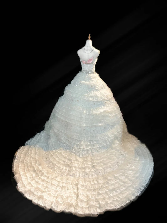 Classy Ball Gown Sweetheart White Tulle With Ruffled Tiered Layers Lace Brides Gown Bridal Dress Long Poofy Wedding Dresses RB5788