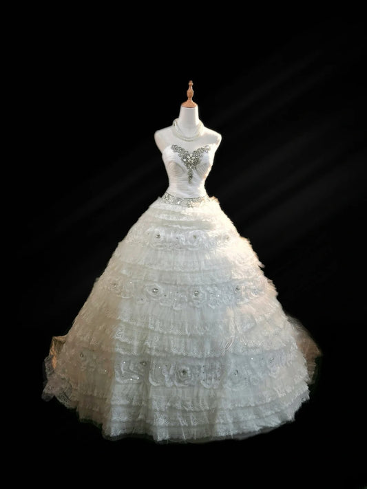 Classy Ball Gown Sweetheart White Tulle With Ruffled Tiered Layers Lace Brides Gown Bridal Dress Long Poofy Wedding Dresses RB5788