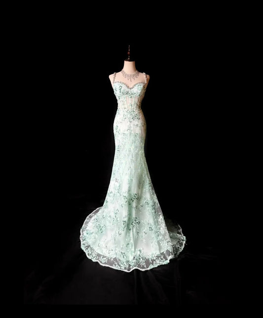 Modest Prom Dresses Mermaid Spaghetti Strap Mint Green With Beading Lace Long Party Dress Formal Outfits RB5933