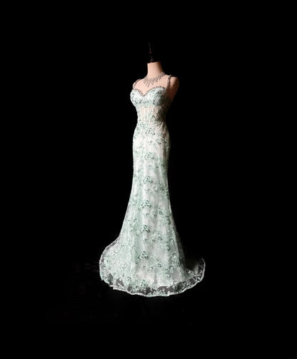 Modest Prom Dresses Mermaid Spaghetti Strap Mint Green With Beading Lace Long Party Dress Formal Outfits RB5933