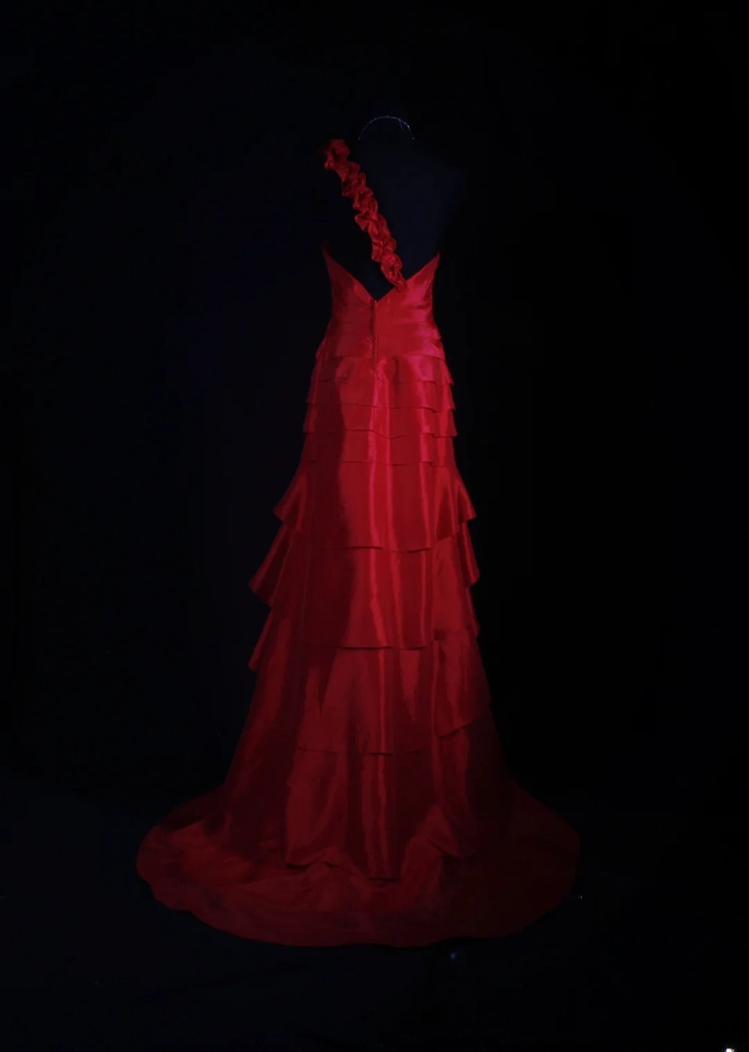 Retro Vintage 1960s Formal High Low Fashion One Shoulder Red Tiered Satin With Flower Sleeveless Long Prom Dresses Party Formal Gowns AS124