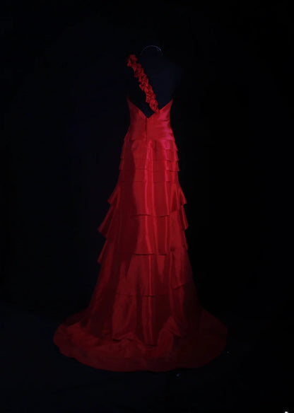 Retro Vintage 1960s Formal High Low Fashion One Shoulder Red Tiered Satin With Flower Sleeveless Long Prom Dresses Party Formal Gowns AS124