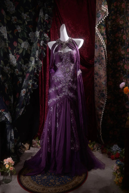 Vintage Mermaid Halter Purple Chiffon With Beading Appliqued Long Prom Dresses Formal Outfit Evening Night Gown RB8136