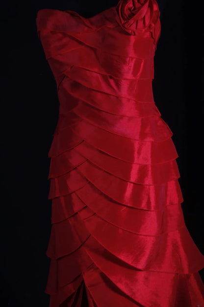 Retro Vintage 1960s Formal High Low Fashion One Shoulder Red Tiered Satin With Flower Sleeveless Long Prom Dresses Party Formal Gowns AS124
