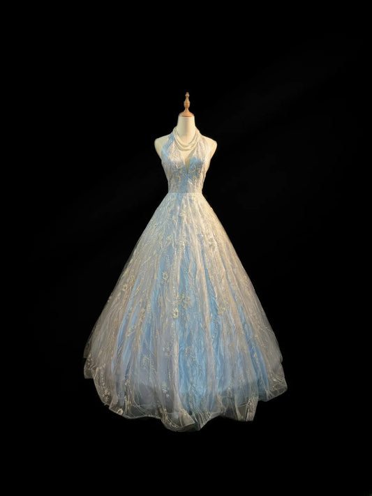 Bescheidener Ballkleid Halfter Hellblau Pailletten Spitze Ärmellos Lang Sweet 16 Kleider Siebzehn Quince Kleid RB3578