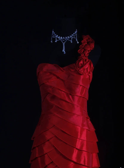 Retro Vintage 1960s Formal High Low Fashion One Shoulder Red Tiered Satin With Flower Sleeveless Long Prom Dresses Party Formal Gowns AS124