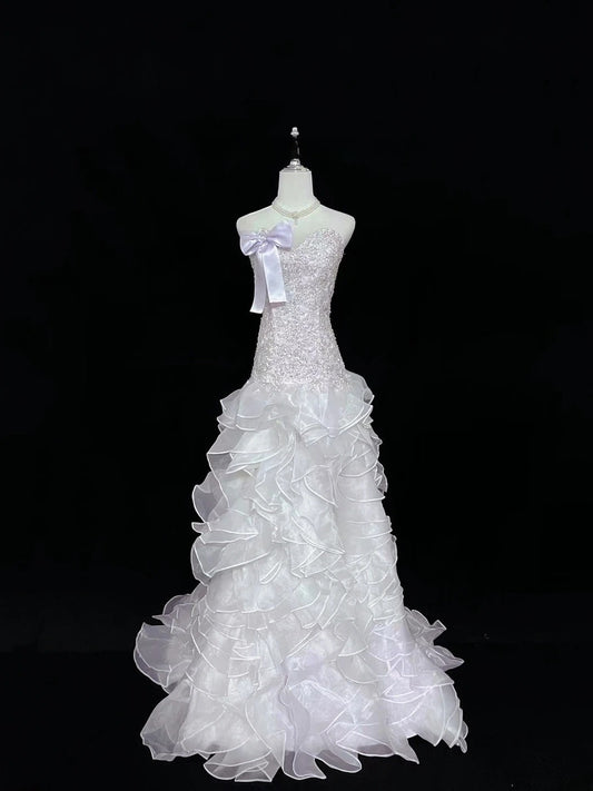 Vintage Mermaid Sweetheart Lilac With Tiered Layers Lace Long Prom Dress Formal Outfits Party Dresses RB7494