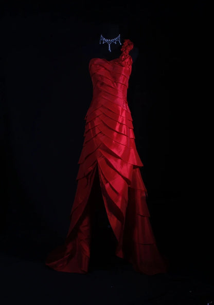 Retro Vintage 1960s Formal High Low Fashion One Shoulder Red Tiered Satin With Flower Sleeveless Long Prom Dresses Party Formal Gowns AS124