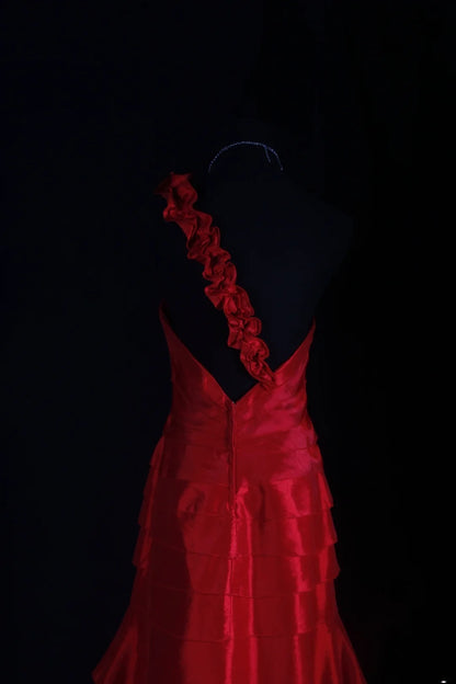 Retro Vintage 1960s Formal High Low Fashion One Shoulder Red Tiered Satin With Flower Sleeveless Long Prom Dresses Party Formal Gowns AS124