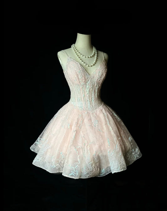 Princess Ball Gown Spaghetti Strap Pink Sequin Lace 16th Birthday Gown Homecoming Dresses Ideas Hoco Outfits RB5934