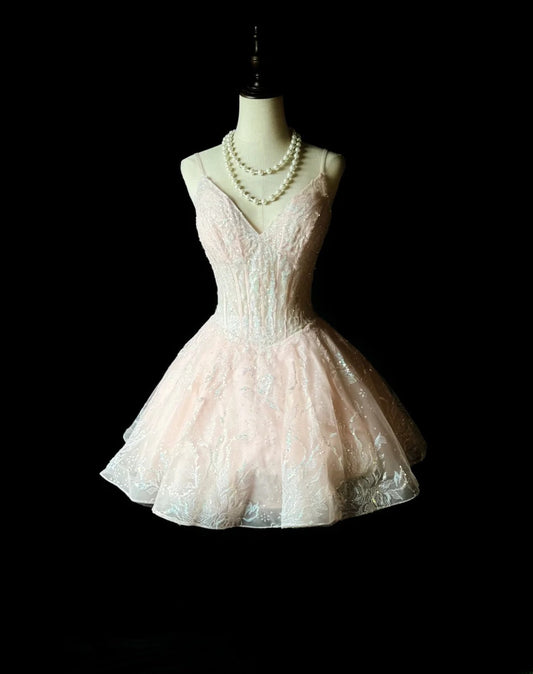 Princess Ball Gown Spaghetti Strap Pink Sequin Lace 16th Birthday Gown Homecoming Dresses Ideas Hoco Outfits RB5934