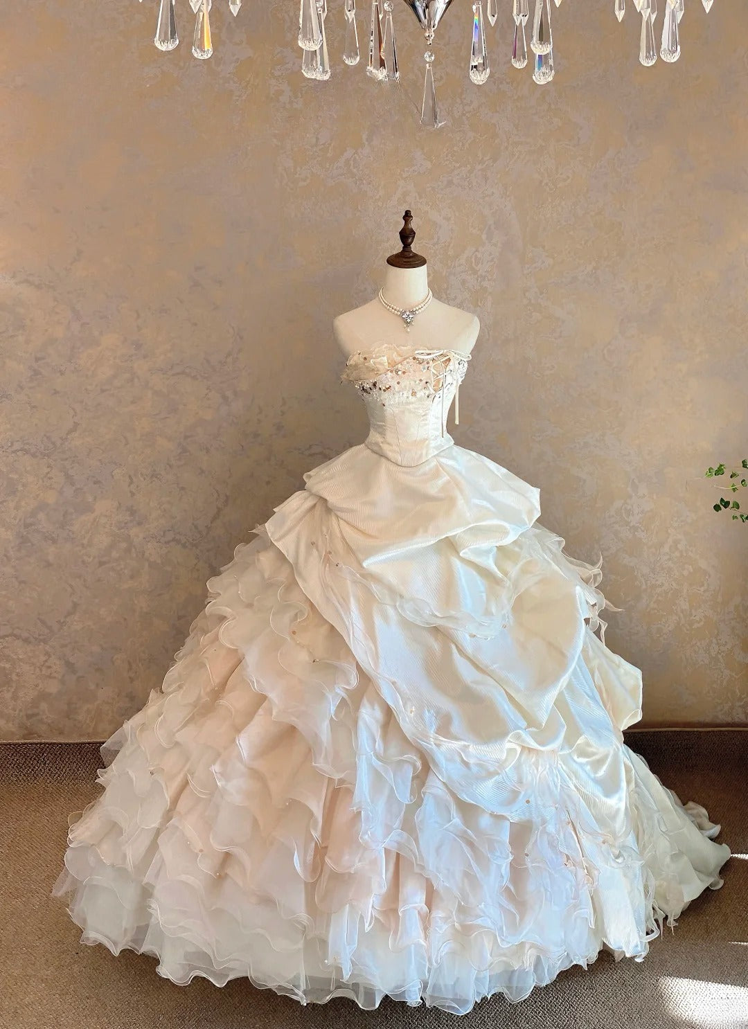 Quinceanera Dress With Tiered Floor Length Ball Gown Strapless Light Pink Sweet 15 15th Birthday Gown RB9087