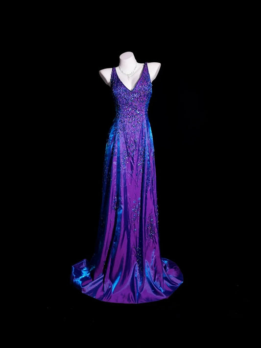 Lila Abschlussballkleid Inspo A-Linie V-Ausschnitt mit Perlenbesatz Satin Schlichtes langes formelles Partykleid RB9920