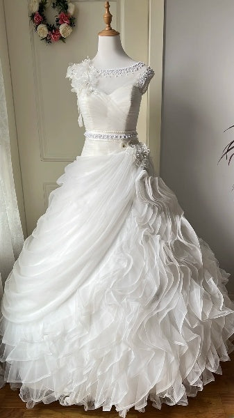Princess Wedding Dress Ball Gown Scoop Tulle White With Beading Ruffled Floor Length Bridal Gown RC0491