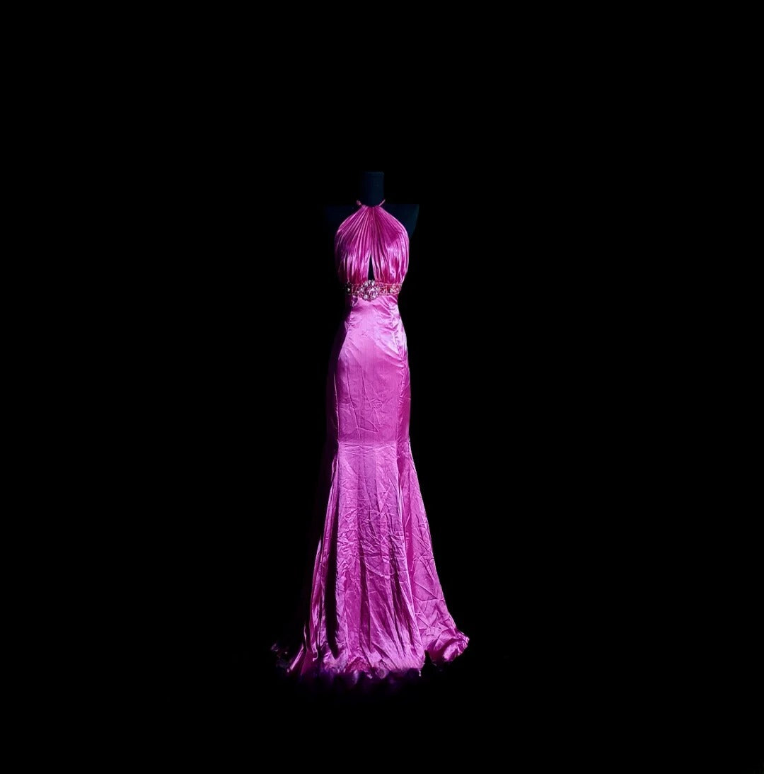 Vintage Mermaid Halter Fuchsia Satin Long Prom Dress Formal Dress Party Dresses RB7109