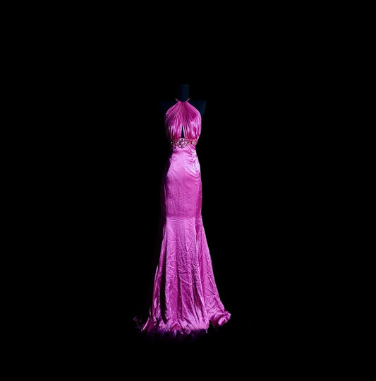 Vintage Mermaid Halter Fuchsia Satin Long Prom Dress Formal Dress Party Dresses RB7109