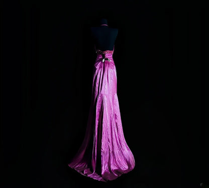 Vintage Mermaid Halter Fuchsia Satin Long Prom Dress Formal Dress Party Dresses RB7109