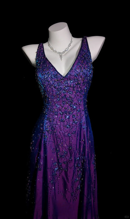 Purple Prom Dress Inspo A line V Neck With Beading Satin Modest Long Formal Party Gown RB9920