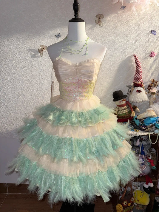 Vintage Ballkleid Trägerlos mit Federn Abiball Minikleid Abschlussball Hoco Kleider Kurz Senior Geburtstag Homecoming Outfits RB3579