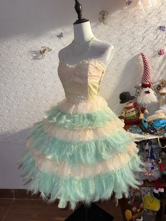 Vintage Ballkleid Trägerlos mit Federn Abiball Minikleid Abschlussball Hoco Kleider Kurz Senior Geburtstag Homecoming Outfits RB3579