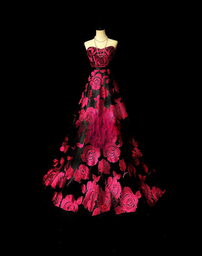 Vintage 60s Prom Dresses A line Sweetheart Hot Pink Floral Satin Sleeveless Prom Evening Dress Formal Outfits RB5935