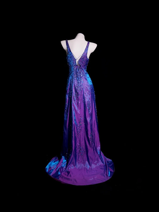 Lila Abschlussballkleid Inspo A-Linie V-Ausschnitt mit Perlenbesatz Satin Schlichtes langes formelles Partykleid RB9920