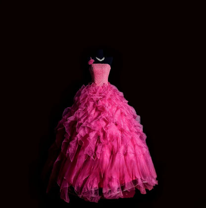 Cute Ball Gown One Shoulder Hot Pink Long Quinceañera Dress Moda 2000 15 Quinceanera Dresses Ideas Sweet 16 Outfit RB7110