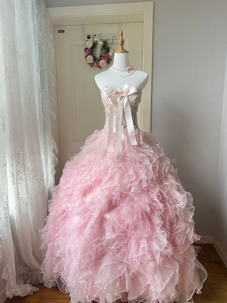 Dezentes, langes Sweet-16-Kleid mit herzförmigem Ausschnitt, rosa Tüll, gestuften Lagen, Ballkleid für Sweet-Sixteen-Party, Geburtstagskleid RC0492