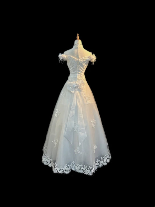 Vintage Princess Wedding Dress Ball Gown Off the Shoulder White Brides Gown Long Bridal Dress RB5791