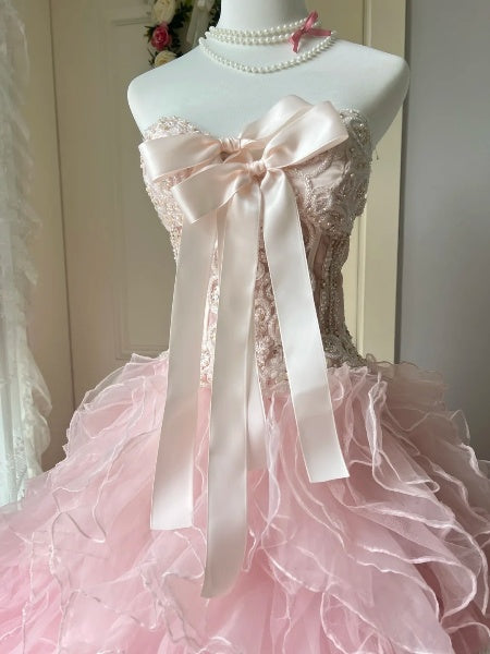Dezentes, langes Sweet-16-Kleid mit herzförmigem Ausschnitt, rosa Tüll, gestuften Lagen, Ballkleid für Sweet-Sixteen-Party, Geburtstagskleid RC0492