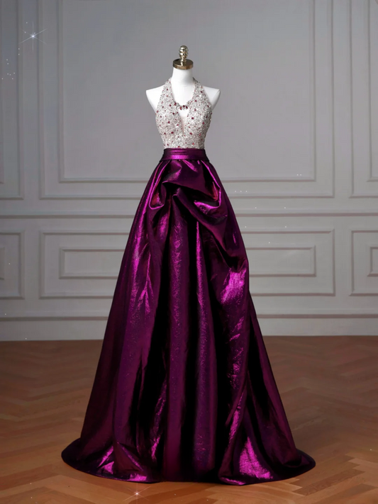Glamouröses Ballkleid mit Neckholder, lila Satin, langes Abendkleid, Partykleid zum 20. Geburtstag, Ballkleid AQ126