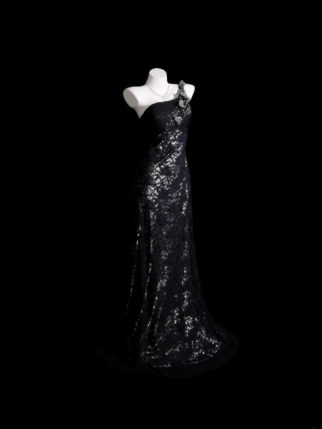 Black Prom Dress Mermaid One Shoulder Lace Floor Length Formal Party Gown RB9922