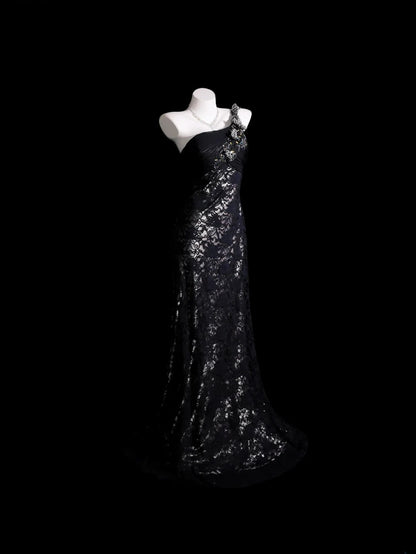 Black Prom Dress Mermaid One Shoulder Lace Floor Length Formal Party Gown RB9922