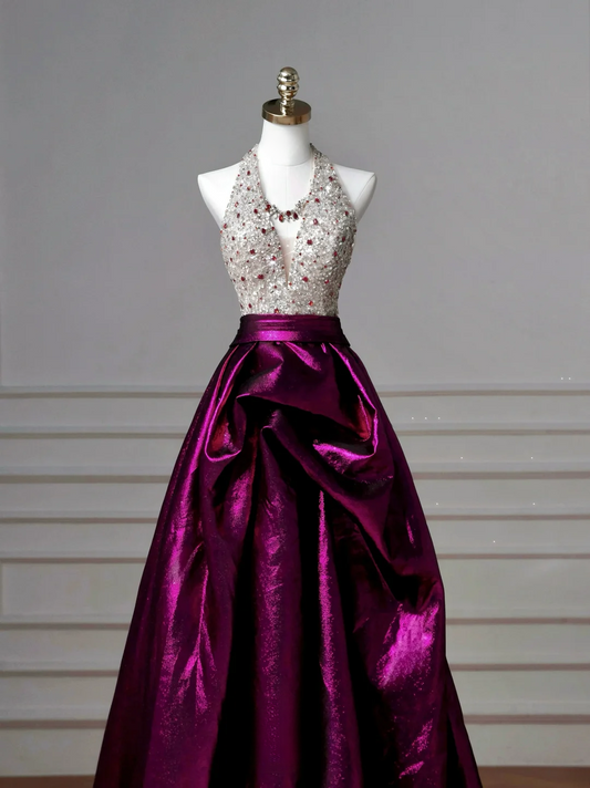 Glamouröses Ballkleid mit Neckholder, lila Satin, langes Abendkleid, Partykleid zum 20. Geburtstag, Ballkleid AQ126