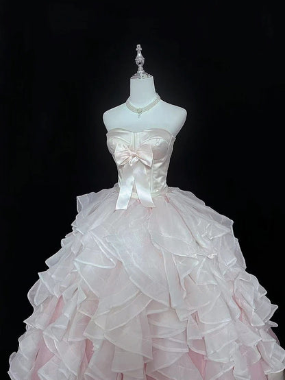 Princess Ball Gown Strapless Pink With Tiered Layers Quince Dress Voluminous Sweet 16 Sweet Sixteen Outfits Vestido de 15 RB7496