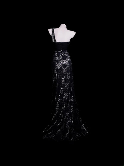 Black Prom Dress Mermaid One Shoulder Lace Floor Length Formal Party Gown RB9922