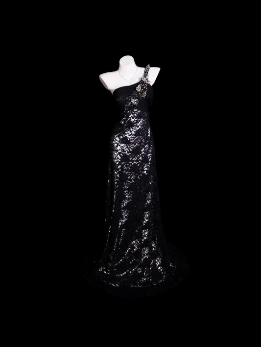 Schwarzes Meerjungfrau-Abendkleid, schulterfrei mit Spitze, bodenlanges formelles Partykleid RB9922