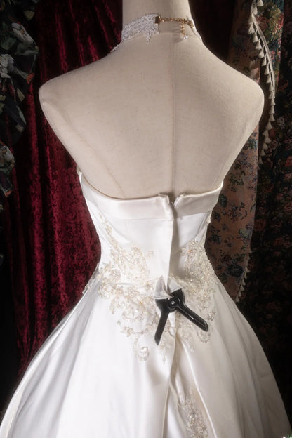 Vintage Ball Gown Strapless 1950s White Satin With Appliqued Long Autumn Winter Brides Gown Bridal Dress Wedding Dresses RB8272
