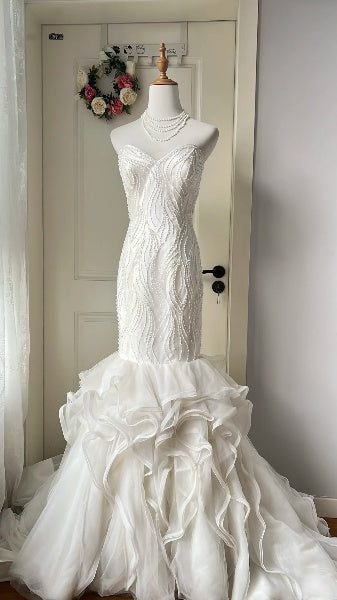 Princess Wedding Dress Mermaid Sweetheart White Tulle With Beading Long Bridal Gown RC0493