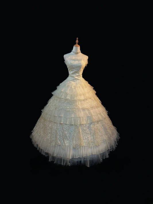 Vintage Princess Wedding Dress Ball Gown Strapless Sequined White Brides Gown Long Bridal Dress RB5792