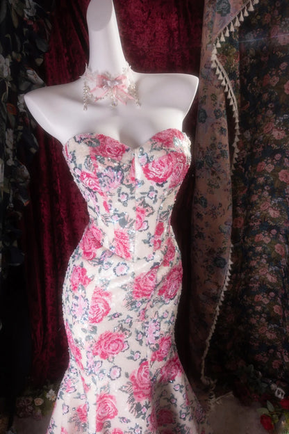 Vintage Mermaid Sweetheart Pink Floral Sequined Long Prom Dresses Formal Outfit Evening Night Gown RB8137