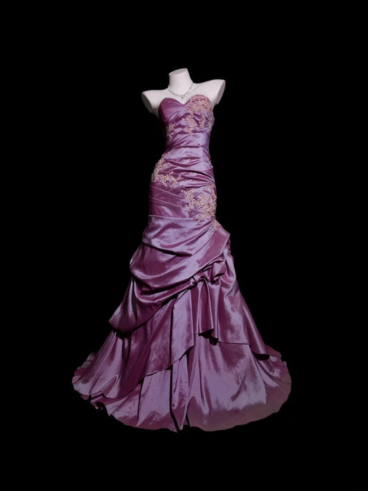 Satin-Abschlussballkleid Meerjungfrau Herzausschnitt Applikationen Spitze bodenlang formelles Partykleid RB9923