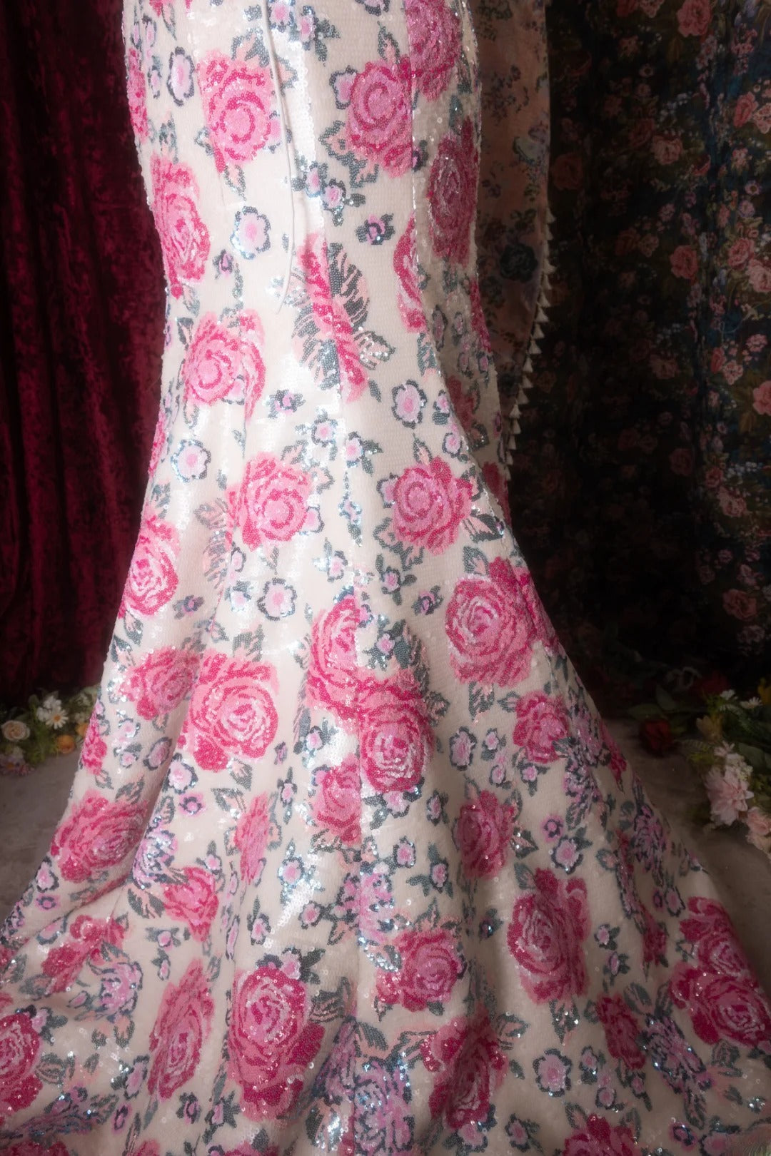 Vintage Mermaid Sweetheart Pink Floral Sequined Long Prom Dresses Formal Outfit Evening Night Gown RB8137