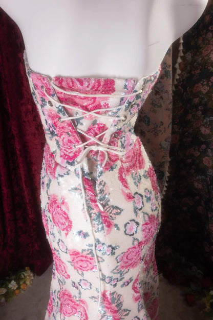 Vintage Mermaid Sweetheart Pink Floral Sequined Long Prom Dresses Formal Outfit Evening Night Gown RB8137