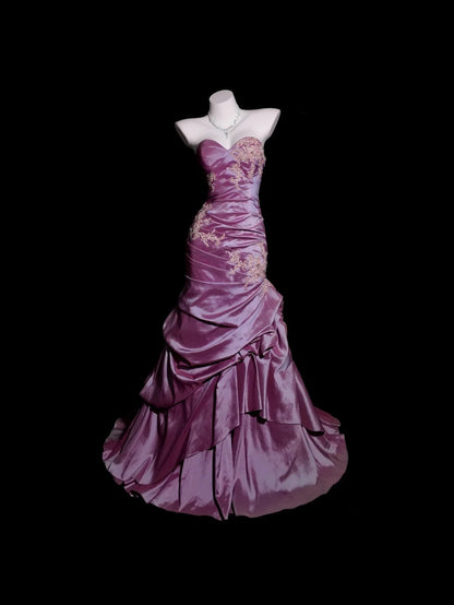 Satin Prom Dress Mermaid Sweetheart Appliques Lace Floor Length Formal Party Gown RB9923