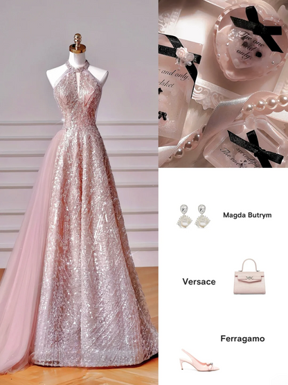 Robe de bal glamour à col montant et sequins roses, longue, idéale pour un 20e anniversaire ou toute autre occasion spéciale (AQ128).