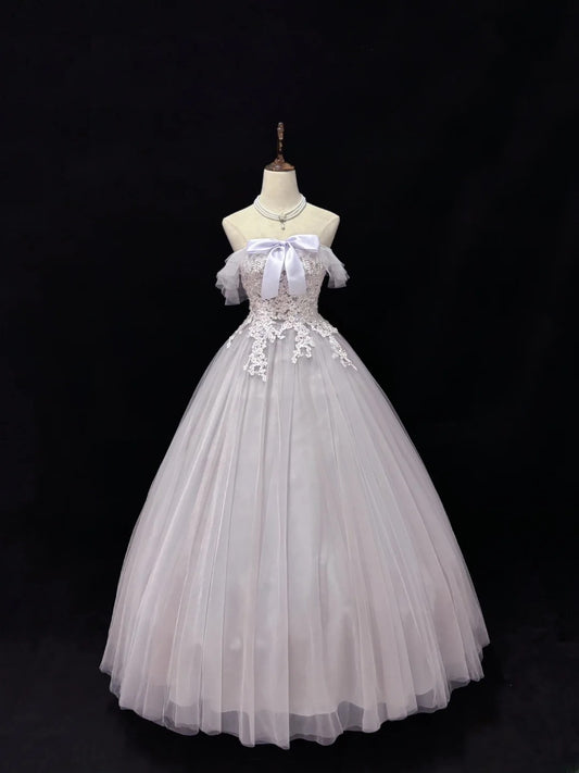 Süßes schulterfreies Ballkleid aus fliederfarbenem Tüll mit Spitze, voluminöses Quinceanera-Kleid, Ideen für Sweet 16, Vestido de 15 RB7498